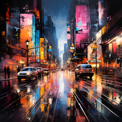 Wall Mural - A city street at night with cars and lights illuminating the scene.