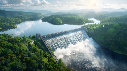 Wall Mural - An aerial view of the Dam in hyperrealistic style, showcasing its massive structure and surrounding greenery. The dam is surrounded by lush forested hills.