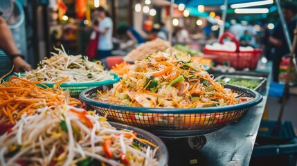 Authentic som tam salad served in a street food market, showcasing the bustling atmosphere and diverse culinary offerings of Thailand's vibrant food scene