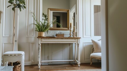 Poster - An elegant console table with a mirror above it, placed in the entryway, providing a stylish spot to drop keys and mail.