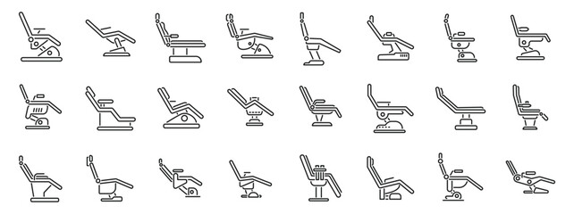 Canvas Print - Dental chair icons outline set vector. A series of chairs are shown in various positions. Some are reclining, while others are upright. The chairs are arranged in a line, with some placed closer