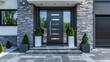 © horizon - Modern front door with a black frame and glass, framed by square planters on the sides of the house entrance in white color.