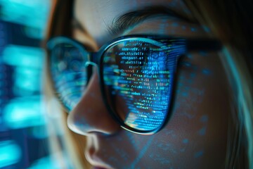 a young girl hacker developer coder wears eyeglasses  reflecting codes, numbers  and data, working on computer , close up on glasses, cyber security concept dark background