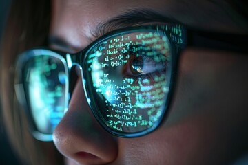 Wall Mural - a young girl hacker developer coder wears eyeglasses  reflecting codes, numbers  and data, working on computer , close up on glasses, cyber security concept dark background