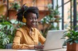 © aledesun - portrait illustration of a black young girl working in a call center, smiling and posing on camera, with headset ,office background lights, helpdesk, customer satisfaction, telemarketing