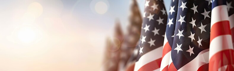 a image of a row of american flags with a sun in the background