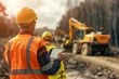 © GenBy - Construction worker in high-visibility vest using tablet on site with heavy machinery in the background. Technology integration in construction.