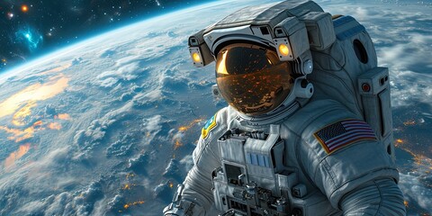 Wall Mural - futuristic space station, astronauts wearing high-tech suits and a view of Earth in background