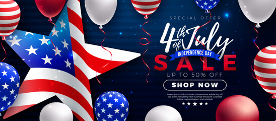 Wall Mural - Fourth of July Independence Day Sale Banner Design with American Flag in Star Symbol and Party Balloon on Blue Background. 4th of July USA National Holiday Vector Illustration with Special Offer