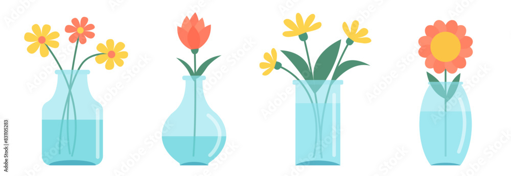 Flower in vase set line. Transparent glass vases with blue water ...