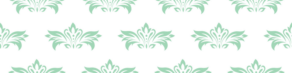 Wall Mural - Vintage seamless plant pattern of light green stylized leaves, flowers and curls on white background. Retro style. Vector backdrop, texture for victorian wallpapers, wrapping paper, fabric