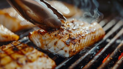 Wall Mural - Close-up of a grilled fish fillet being flipped on the grill with tongs, highlighting the cooking process and the caramelization of flavors