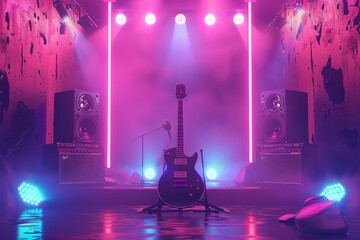 Guitar and speakers on stage with pink lights