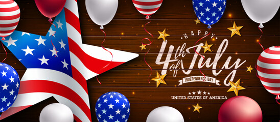 Wall Mural - 4th of July Independence Day of the USA Vector Illustration with American Flag Pattern Star and Party Balloon on Vintage Wood Background. Fourth of July National Celebration Design with Typography