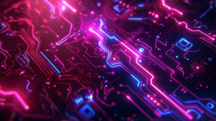 A computer chip with a pink and blue color scheme