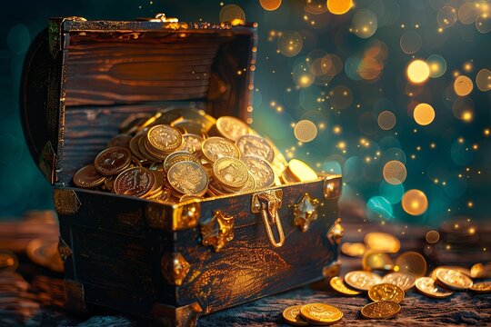 Open a treasure chest filled with gold coins. bokeh on a dark old background. 