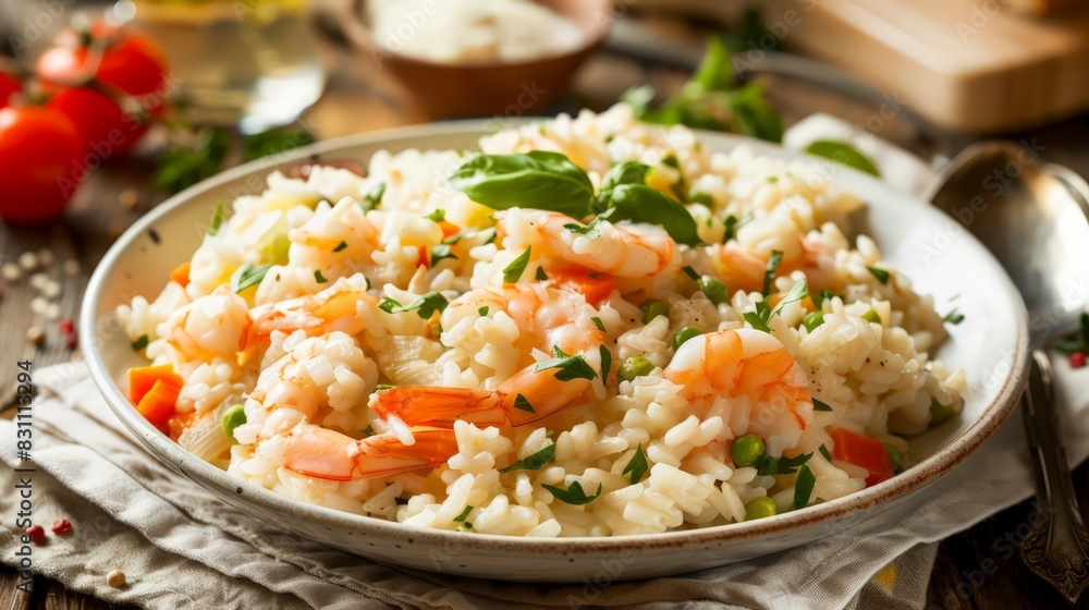 Experience the rich, creamy flavors of Italian risotto, a creamy rice dish cooked with broth, Parmesan cheese, and your choice of vegetables or seafood.