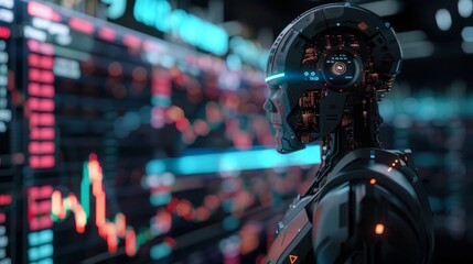Wall Mural - A man in a futuristic suit is focusing on a display showing stock information.