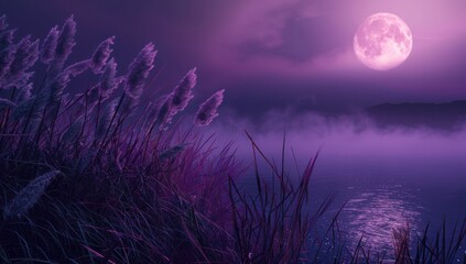 Wall Mural - Beautiful night scene with moonlight shining on the grass