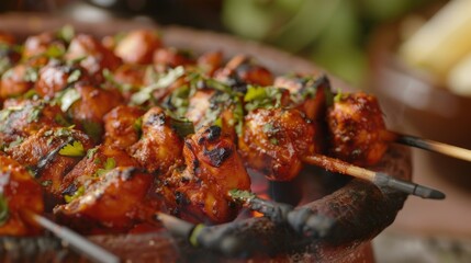 Wall Mural - Close-up of tandoori chicken skewers grilled in a clay oven, marinated in yogurt and spices, a popular Indian appetizer