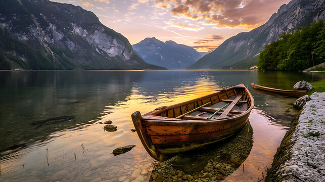 Wooden boat on the lake with mountains and sunset background