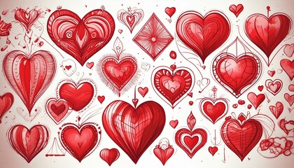 Wall Mural - Assorted Sketches of Love Icons in Red, Isolated on White