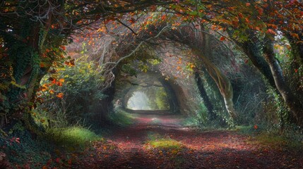 Wall Mural - Autumn path with pastel leaves and a canopy of trees creating a natural tunnel.