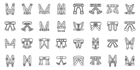 Sticker - Climbing harness icons set vector. A collection of straps and harnesses are shown in a grid. The straps are of various sizes and colors, and they are all connected to a central point. Scene is one of