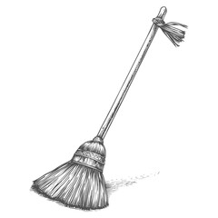 Wall Mural - broom cleaning tool with engraving sketch style black color only