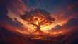 © IrisFocus - Enchanting digital artwork featuring a magical tree illuminated by light against a fiery sunset sky, evoking fantasy and the awe-inspiring elements of nature