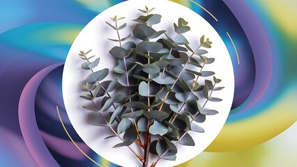 Wall Mural - Eucalyptus branch with fresh leaves on color background top view