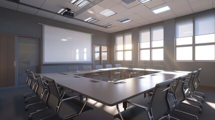 Canvas Print - Empty modern conference room with presentation screen and whiteboard, representing planning and collaboration