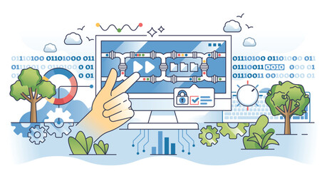 Data pipeline software for web information automation outline hands concept. Secure database structuring and management using AI application for effective automatic process vector illustration.