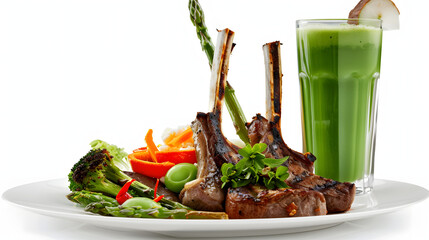 Wall Mural - Gourmet lamb chops on a white plate with roasted vegetables, asparagus, and a green drink on a restaurant table isolated on white background, hyperrealism, png
