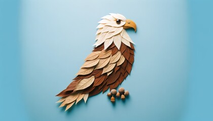 Sticker - A bald eagle crafted from leaves, with a white head made from pale leaves, brown wings, and tail from darker leaves