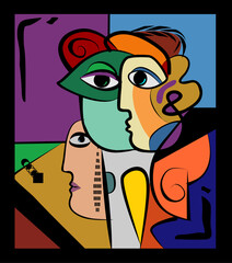 Wall Mural - A colorful, abstract representation of multiple faces is featured, with bold lines dividing segments of contrasting colors. The profiles and facial features are intertwined