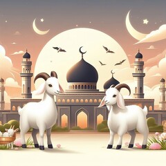 Poster - Eid al Adha Mubarak Islamic Festival social media banner template, mosque copy space greeting card created with generative ai