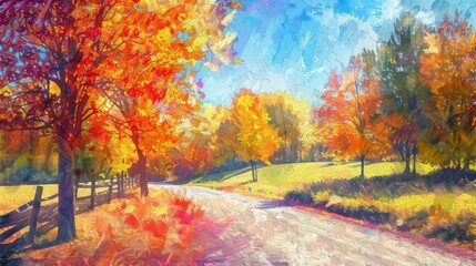 Wall Mural - Pastel autumn scene with a country road lined with colorful trees.