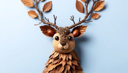 Poster - An elk crafted from brown leaves, with large antlers made from branching twigs. Eyes are acorns, and the nose is a small piece of wood. The background is a light blue color.