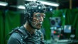 © Nawarit - An artist in a motion capture suit performing a complex character scene for an animated film, surrounded by green screens and monitoring equipment