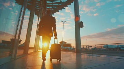 Full body bottom view young traveler businessman young man in black dinner suit going walk outside at international airport terminal with suitcase to car booking taxi Air flight busine : Generative AI