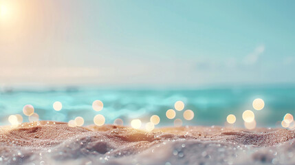 Wall Mural - Dreamy beach sands under pastel skies lit by subtle bokeh lights, a serene retreat,