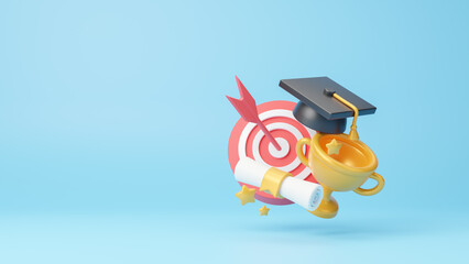 Graduation hat and diploma with prize winner and golden cup cartoon on background concept of academic achievement. Education diploma for student award ceremony concept. 3d rendering illustration