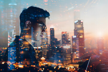 portrait of confident software engineer with laptop, gazing at modern cityscape. double exposure, urban background. space for your tech advertisement. wide, dusk effect. generative ai