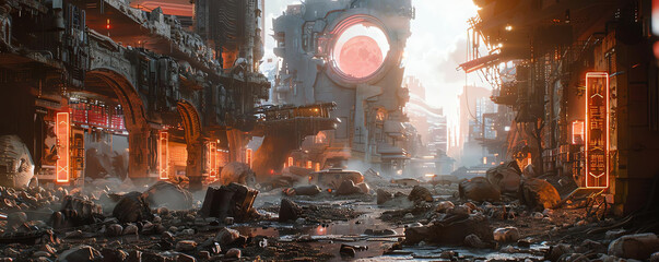 a hauntingly beautiful depiction of a futuristic, post-apocalyptic city ruins bathed in orange light