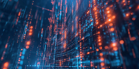 A digital big data and binary data flow or stream background with technology lines. Big data technology, transferring datum, artificial intelligence, machine learning, speed transfer concepts. 