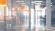 © AI Lab - Beautiful blurred background of a modern office interior in gray tones with panoramic windows glass partitions and orange color accents : Generative AI