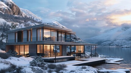 Aufkleber - Exterior view of a Nordic-inspired modern home with a flat roof, large windows, and sleek lines, set against a backdrop of snowy mountains or fjords, blending contemporary design with natural beauty