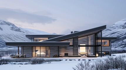 Aufkleber - Exterior view of a Nordic-inspired modern home with a flat roof, large windows, and sleek lines, set against a backdrop of snowy mountains or fjords, blending contemporary design with natural beauty