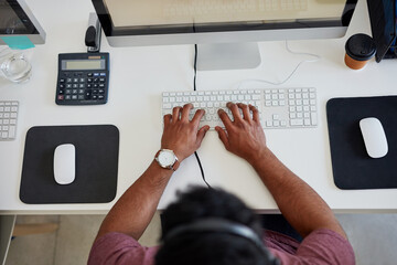 Aufkleber - Call center, typing and man with headset in office for communication, customer support or CRM. Above, contact us and consultant at desk for counselling, abortion advice or information with computer